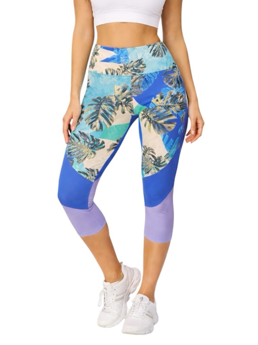 Bally Total Fitness Capri Leggings Blue Tropical Palm Print Mesh Size M